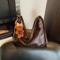 Deep coffee oiled leather tote bag with a cute bear charm in a vintage hobo style - Coffee with Pendant