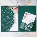 Dunkelgrüne lasergeschnittene Hochzeitseinladung mit floralem Cover und Aquarell-Karten - Hk-99 / Rosenhohl Perlmuttpapier Stil (HK-99)