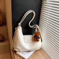 Minimalist cream white semi-circular shoulder bag with a cute brown plush bear pendant - White with Pendant