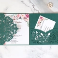 Laser-cut wedding invitation set in dark green with watercolor floral insert card - Vine Floral Hollow Style (HK-125) / 10 Pieces Pack