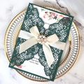 Deep green laser-cut wedding invitation card with white floral inner and pearl rhinestone - Large Rhinestone Decoration Style (HK-54 Big Diamond) / 10 Pieces Pack