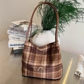 Bolso saco de cuadros en lana marrón y beige con un elegante detalle de lazo dorado - Marrón