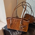 Stylish brown leopard print tote bag with faux suede texture and leather straps - Brown