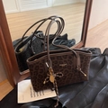 Fashionable leopard print tote bag with long shoulder straps and tennis racket pendant - Brown