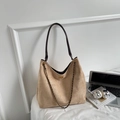 Chic camel faux suede tote bag with dark brown leather strap and woven metal chain detail - Rice White (No Pendant)