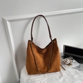 Caramel suede tote bag with brown leather straps and gold chain detail for women - Brown No Pendant