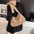 Chic light brown faux fur hobo shoulder bag made of soft fluffy material for autumn winter - Khaki