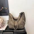Brown corduroy crossbody tote bag with adjustable shoulder strap and drawstring side pockets - Brown