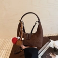 Deep brown matte suede crescent hobo bag with colorful tassel and wood bead pendant - With Charm / Brown