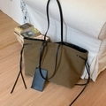 Vintage brown canvas tote bag with black straps and matching small pouch hanging on side - Brown