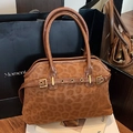 Sac fourre-tout à motif léopard marron, texture daim et boucles métalliques dorées - Marron