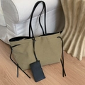 Olive green large canvas tote bag with black straps and hanging zipper pouch - Khaki