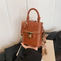 Mini caramel brown leather crossbody phone bag with gold clasp and bunny charm - Brown with Pendant