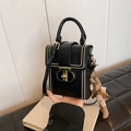 Retro black square crossbody bag with gold rivets and cute rabbit doll pendant - Black with Pendant