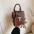 Vintage brown leather crossbody phone bag with gold rivets and teddy bear charm - Coffee with Pendant