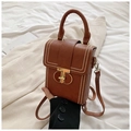 Elegant brown leather mobile phone bag featuring a gold clasp and top handle for women - Brown No Pendant
