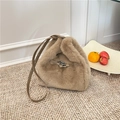 Fashionable khaki plush bucket bag with metal turn-lock and leather shoulder strap - Khaki