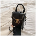 Black pebbled leather crossbody phone bag with gold rivet trim and ring buckle - Black without Pendant