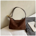 Brown faux suede hobo bag with wide shoulder strap and gold hardware accents - Brown No Pendant