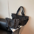 Set of dark grey washed canvas tote bags with contrast stitching and front pockets - Large / Black