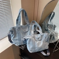 Light blue denim tote bag set with adjustable shoulder straps and utility pockets - Large / Light Blue
