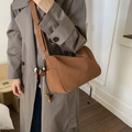 Brown faux suede shoulder bag with minimalist design and leather tassel charm - Brown with Pendant