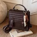 Dark brown woven texture crossbody bag with adjustable strap and decorative tassel - Coffee with Pendant