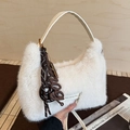 White faux fur handbag with leather handle and decorative brown BOB letter charm - With Charm / White