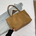 Minimalist large brown suede tote bag with leather patchwork and long shoulder straps - Yellow Brown No Pendant