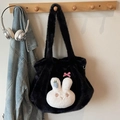 Borsa tote nera in ecopelliccia con simpatico coniglietto di peluche bianco e fiocco - Nero