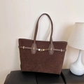 Dark coffee suede tote bag with golden buckle hardware for daily commuting use - Brown