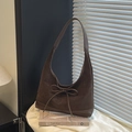 Borsa tote retrò in pelle scamosciata marrone scuro con fiocco in pelle e bordo liscio - Marrone