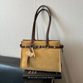 Vintage ginger suede tote bag with deep brown leather straps and baseball charm - With Charm / Khaki