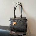 Retro dark grey tote bag with matte leather texture, shoulder straps, and baseball charm - With Charm / Black