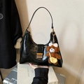 Retro black leather underarm bag with gold buckle and cute brown bear pendant decor - Black (With Pendant)