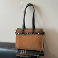 Brown faux suede tote bag with black leather straps and decorative buckle detail - No Pendant / Brown