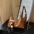 Brown vintage faux leather hobo bag with a cute plush bear charm for daily commute - Brown (With Pendant)