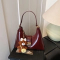 Glossy burgundy leather underarm bag with a cute plush bear charm and metallic buckle - Wine Red (With Charm)