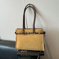 Minimalist ginger yellow suede tote bag with brown leather strap and metal buckle - No Pendant / Khaki