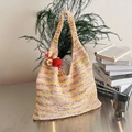 Borsa tote in maglia arcobaleno con ciondolo a frutta e fiori in grande capacità - Giallo