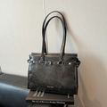 Vintage dark grey faux leather shoulder bag with silver rivets and Muon Shark logo - No Pendant / Black