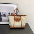 Große beige Canvas-Tragetasche mit braunem Lederbesatz und Vordertasche für Damen - Braun