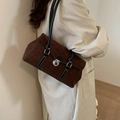 Retro dark brown suede baguette shoulder bag with black strap and silver buckle - Brown