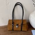 Vintage brown suede handbag with black leather straps and silver buckle detail - Brown