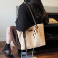 Chic beige tote bag with brown straps and wooden bead charm for daily commuting - With Charm / Off White