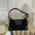 Detail of black suede and smooth leather stitching shoulder bag with wooden beads - Black with Pendant