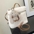 Plush white bucket bag with brown leather handles and a grey rabbit charm - With Pendant / White