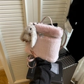 Pink faux fur bucket bag with adjustable strap and cute grey bunny plush charm - With Pendant / Pink