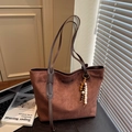 Dark brown suede tote bag with slim shoulder straps and ethnic wooden bead pendant - With Charm / Coffee