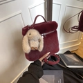 Wine red plush bucket bag with cute brown rabbit pendant and premium leather handle - With Pendant / Red
